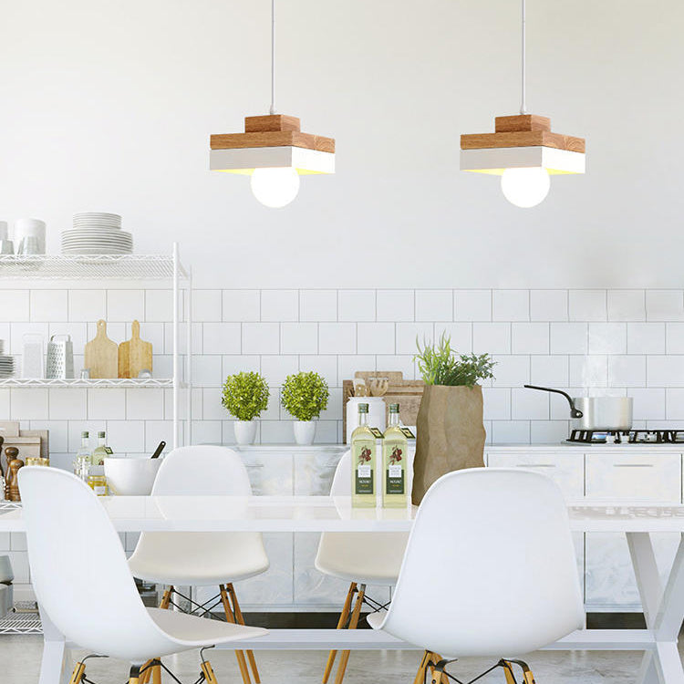 Suspension lumineuse moderne minimaliste ronde carrée en fer et bois à 1 lumière pour chambre 