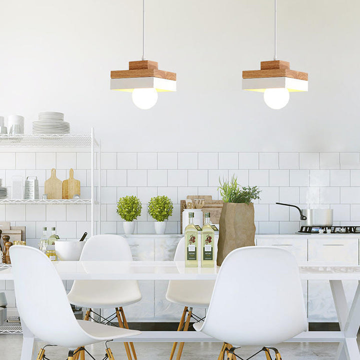 Suspension lumineuse moderne minimaliste ronde carrée en fer et bois à 1 lumière pour chambre 