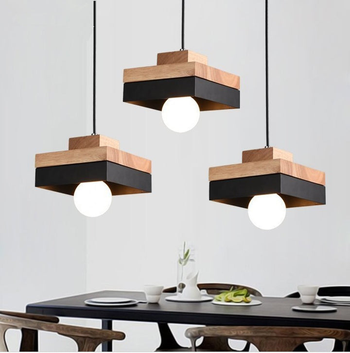 Suspension lumineuse moderne minimaliste ronde carrée en fer et bois à 1 lumière pour chambre 