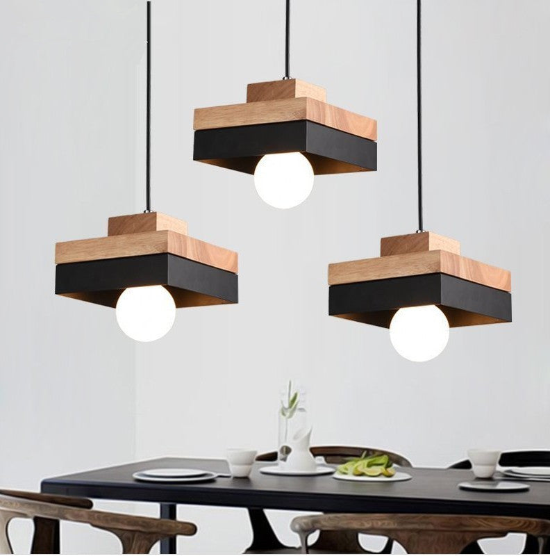 Lámpara Colgante Moderna Minimalista Redonda Cuadrada de Hierro y Madera de 1 Luz para Dormitorio 