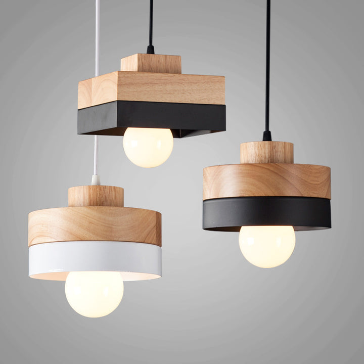 Suspension lumineuse moderne minimaliste ronde carrée en fer et bois à 1 lumière pour chambre 