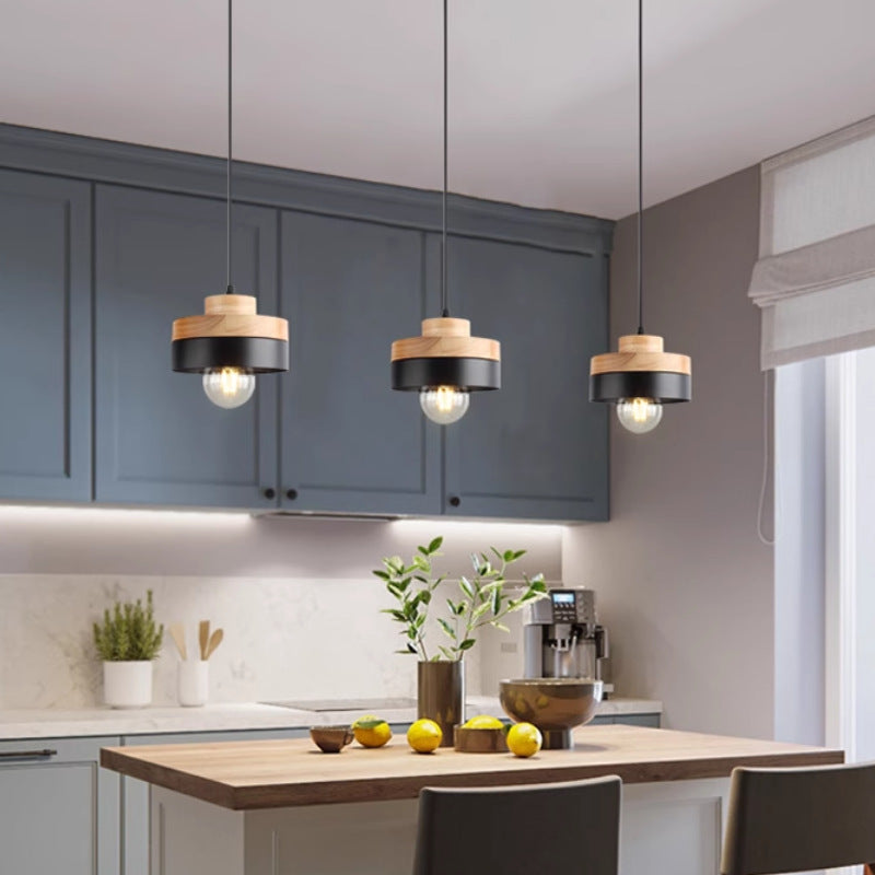 Lámpara Colgante Moderna Minimalista Redonda Cuadrada de Hierro y Madera de 1 Luz para Dormitorio 