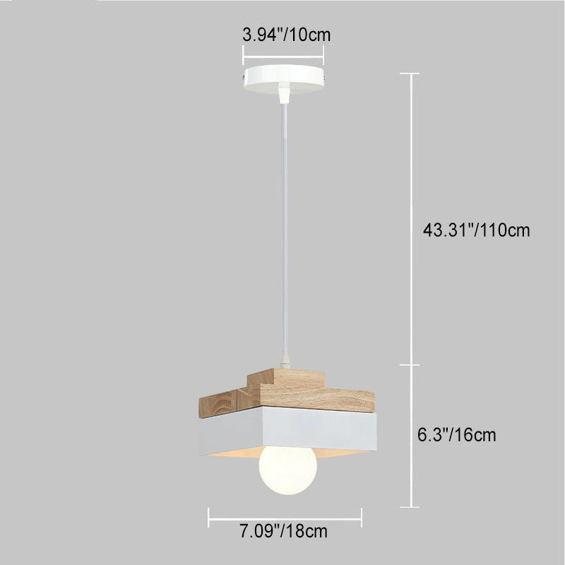 Lámpara Colgante Moderna Minimalista Redonda Cuadrada de Hierro y Madera de 1 Luz para Dormitorio 