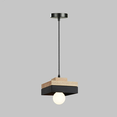 Lámpara Colgante Moderna Minimalista Redonda Cuadrada de Hierro y Madera de 1 Luz para Dormitorio 
