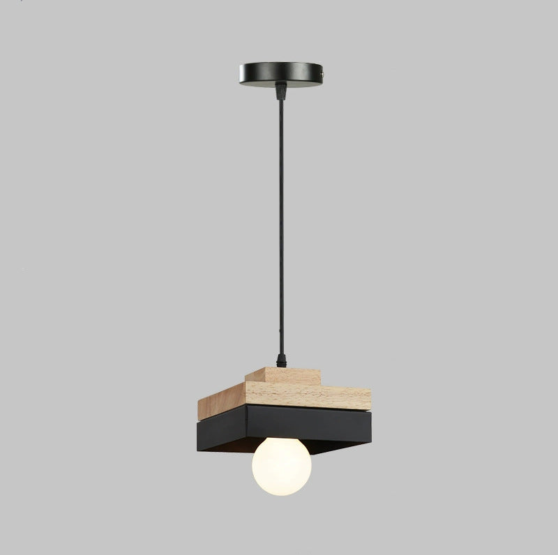 Lámpara Colgante Moderna Minimalista Redonda Cuadrada de Hierro y Madera de 1 Luz para Dormitorio 