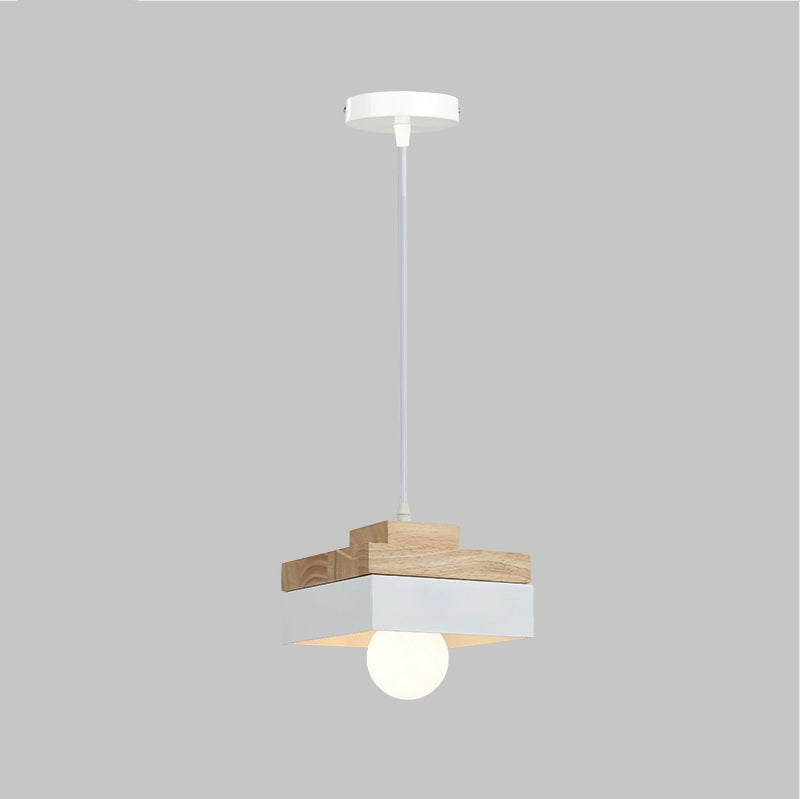 Lámpara Colgante Moderna Minimalista Redonda Cuadrada de Hierro y Madera de 1 Luz para Dormitorio 