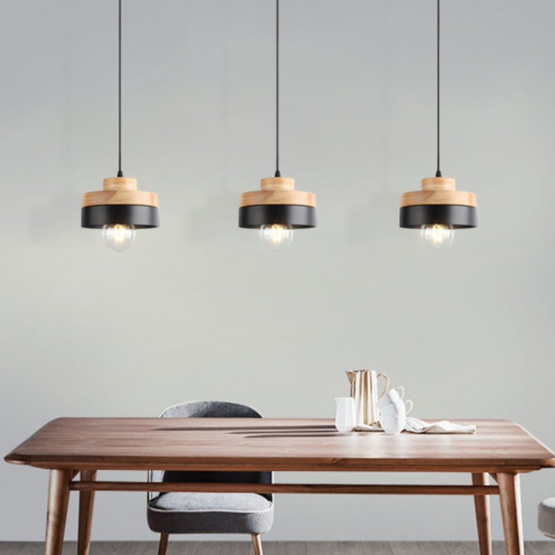 Suspension lumineuse moderne minimaliste ronde carrée en fer et bois à 1 lumière pour chambre 