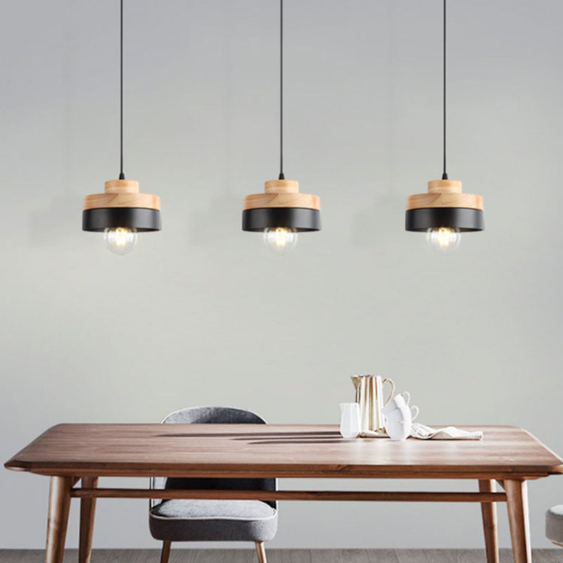 Lámpara Colgante Moderna Minimalista Redonda Cuadrada de Hierro y Madera de 1 Luz para Dormitorio 