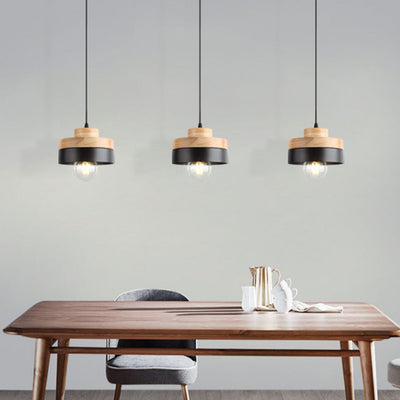 Lámpara Colgante Moderna Minimalista Redonda Cuadrada de Hierro y Madera de 1 Luz para Dormitorio 