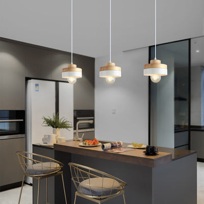 Lámpara Colgante Moderna Minimalista Redonda Cuadrada de Hierro y Madera de 1 Luz para Dormitorio 