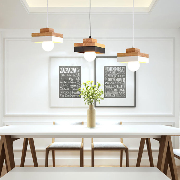 Suspension lumineuse moderne minimaliste ronde carrée en fer et bois à 1 lumière pour chambre 