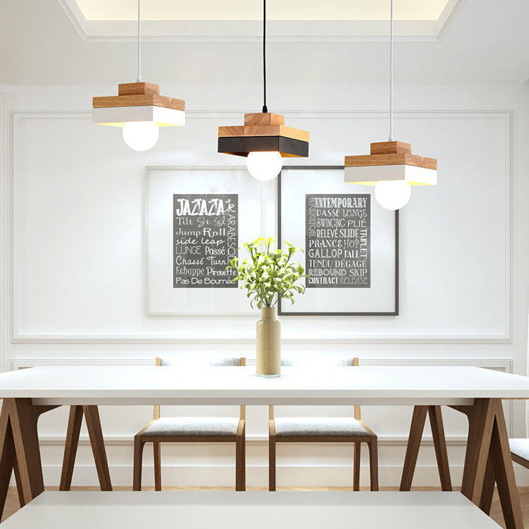 Lámpara Colgante Moderna Minimalista Redonda Cuadrada de Hierro y Madera de 1 Luz para Dormitorio 