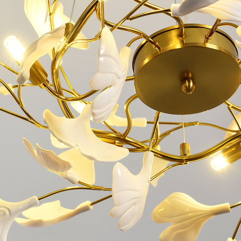 Plafonnier semi-encastré traditionnel français en forme de feuille de ginkgo rond en fer, plastique et porcelaine avec 6/8/12 lumières pour chambre 