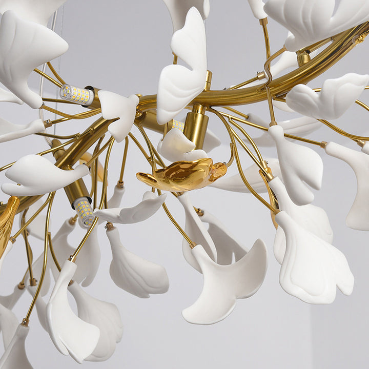Plafonnier semi-encastré traditionnel français en forme de feuille de ginkgo rond en fer, plastique et porcelaine avec 6/8/12 lumières pour chambre 