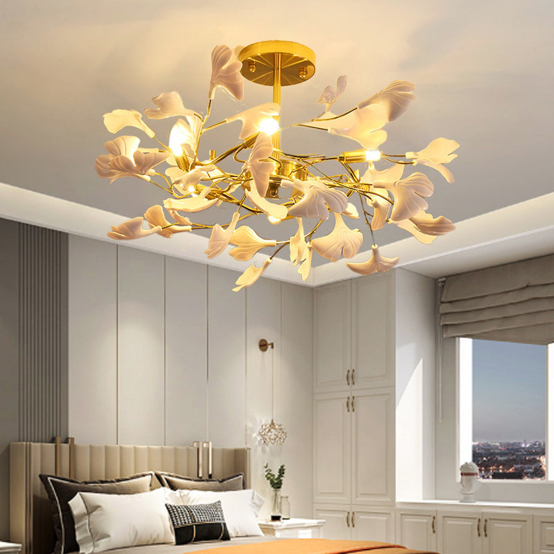 Plafonnier semi-encastré traditionnel français en forme de feuille de ginkgo rond en fer, plastique et porcelaine avec 6/8/12 lumières pour chambre 