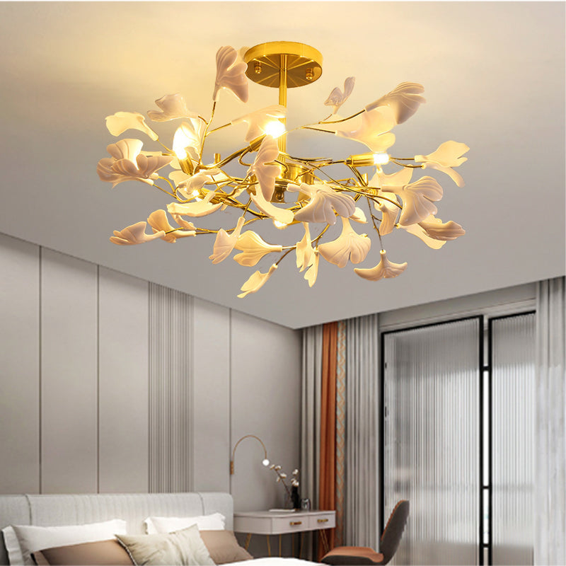 Plafonnier semi-encastré traditionnel français en forme de feuille de ginkgo rond en fer, plastique et porcelaine avec 6/8/12 lumières pour chambre 