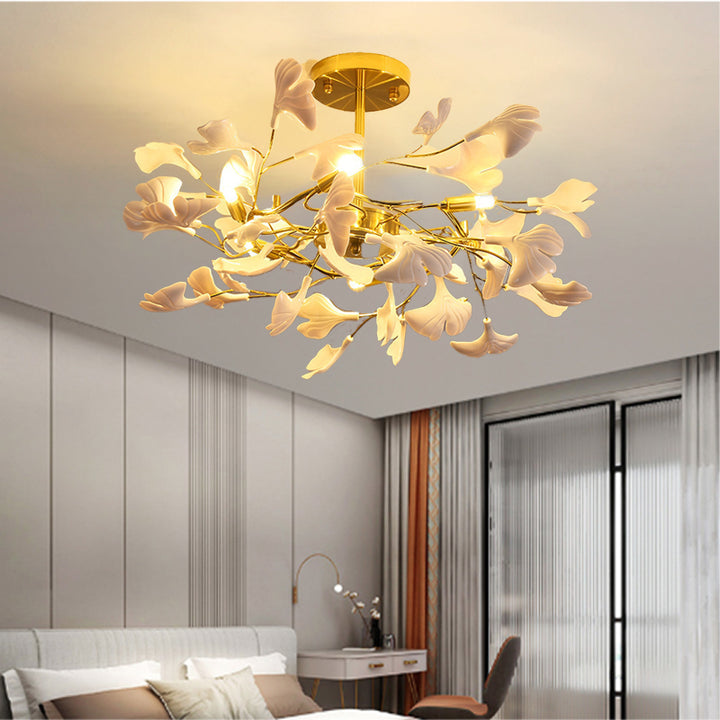 Plafonnier semi-encastré traditionnel français en forme de feuille de ginkgo rond en fer, plastique et porcelaine avec 6/8/12 lumières pour chambre 