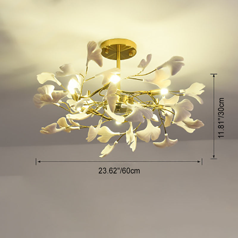 Plafonnier semi-encastré traditionnel français en forme de feuille de ginkgo rond en fer, plastique et porcelaine avec 6/8/12 lumières pour chambre 