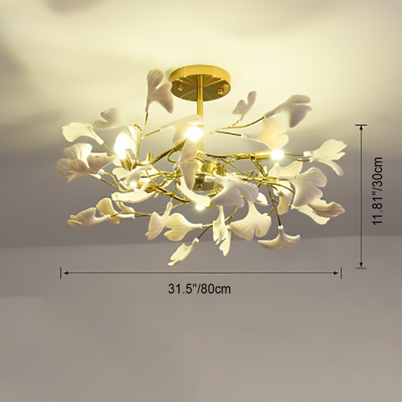 Plafonnier semi-encastré traditionnel français en forme de feuille de ginkgo rond en fer, plastique et porcelaine avec 6/8/12 lumières pour chambre 