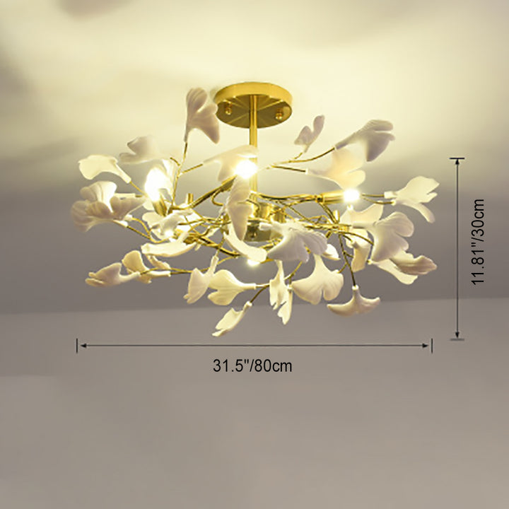 Plafonnier semi-encastré traditionnel français en forme de feuille de ginkgo rond en fer, plastique et porcelaine avec 6/8/12 lumières pour chambre 