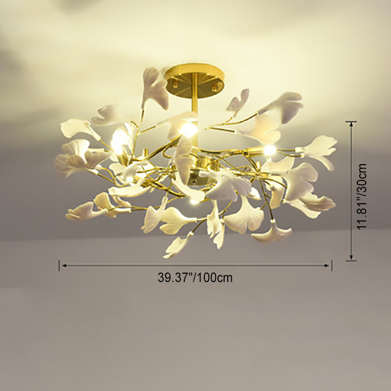 Plafonnier semi-encastré traditionnel français en forme de feuille de ginkgo rond en fer, plastique et porcelaine avec 6/8/12 lumières pour chambre 