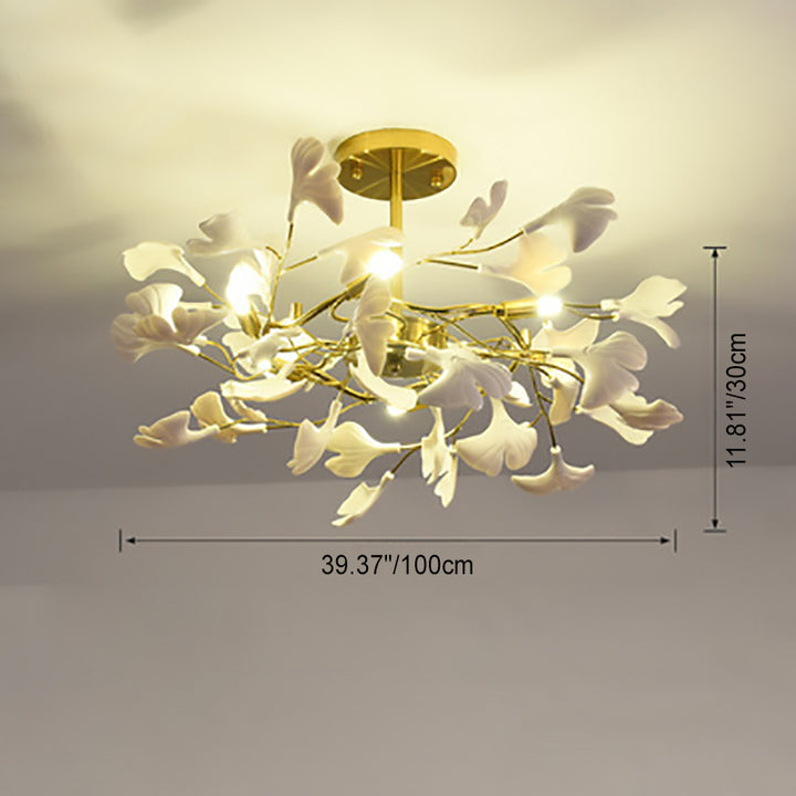 Plafonnier semi-encastré traditionnel français en forme de feuille de ginkgo rond en fer, plastique et porcelaine avec 6/8/12 lumières pour chambre 