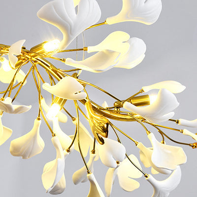 Traditionelle französische Ginkgoblatt-Deckenleuchte, rund, Eisen, Kunststoff, Porzellan, 6/8/12 Lichter, halbbündige Montage, für Schlafzimmer 