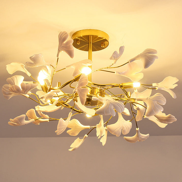 Plafonnier semi-encastré traditionnel français en forme de feuille de ginkgo rond en fer, plastique et porcelaine avec 6/8/12 lumières pour chambre 