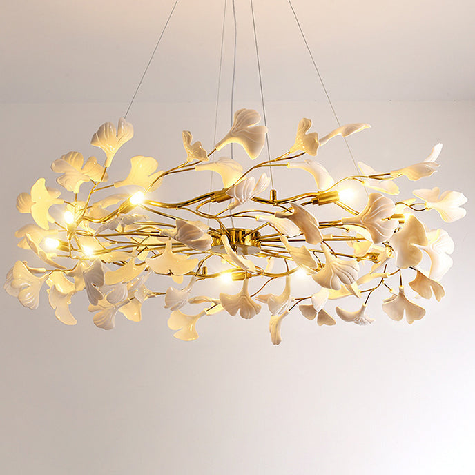 Dôme de feuille de ginkgo français traditionnel, dessus rectangulaire, rond, linéaire, fer, céramique, lustre à 6/8/10/12 lumières pour chambre 