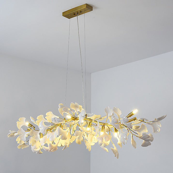 Dôme de feuille de ginkgo français traditionnel, dessus rectangulaire, rond, linéaire, fer, céramique, lustre à 6/8/10/12 lumières pour chambre 