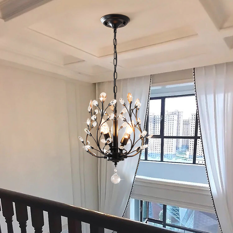 Traditional Vintage Twig Shape Iron Crystal 3-Light Chandelier For Living Room