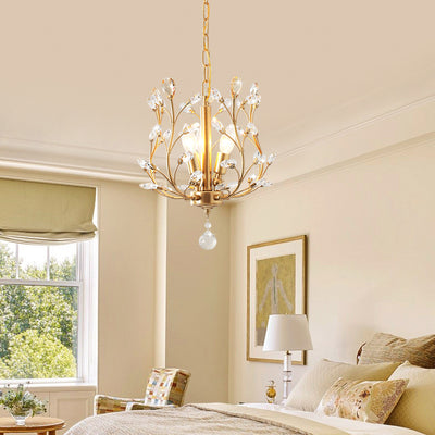 Traditional Vintage Twig Shape Iron Crystal 3-Light Chandelier For Living Room