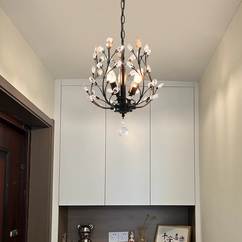 Traditional Vintage Twig Shape Iron Crystal 3-Light Chandelier For Living Room