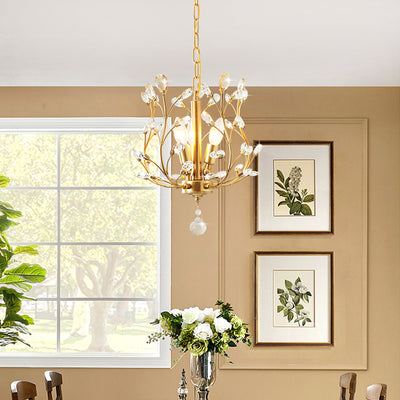 Traditional Vintage Twig Shape Iron Crystal 3-Light Chandelier For Living Room