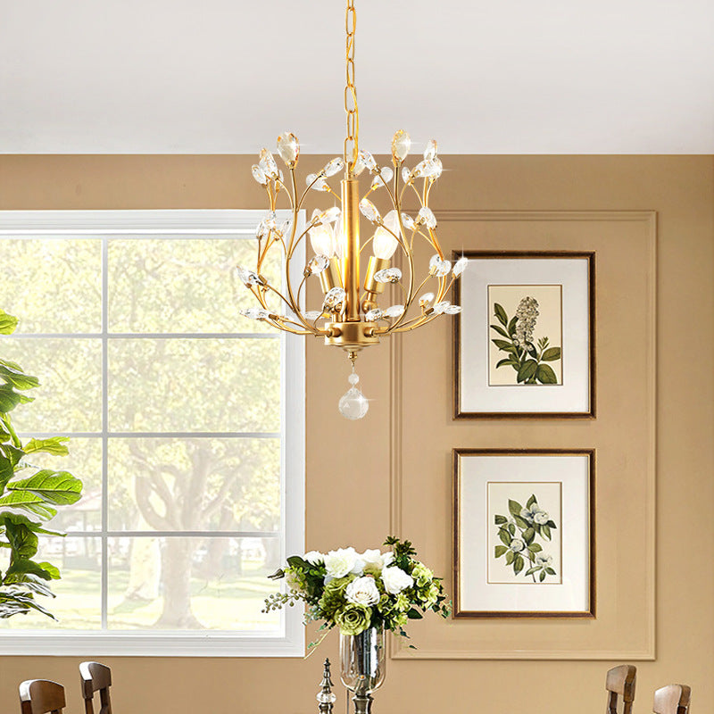 Traditional Vintage Twig Shape Iron Crystal 3-Light Chandelier For Living Room
