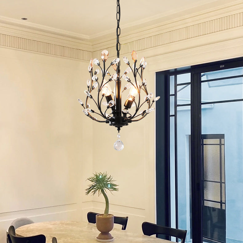 Traditional Vintage Twig Shape Iron Crystal 3-Light Chandelier For Living Room