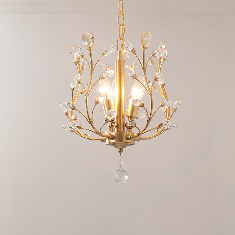 Traditional Vintage Twig Shape Iron Crystal 3-Light Chandelier For Living Room