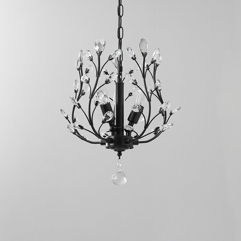 Traditional Vintage Twig Shape Iron Crystal 3-Light Chandelier For Living Room