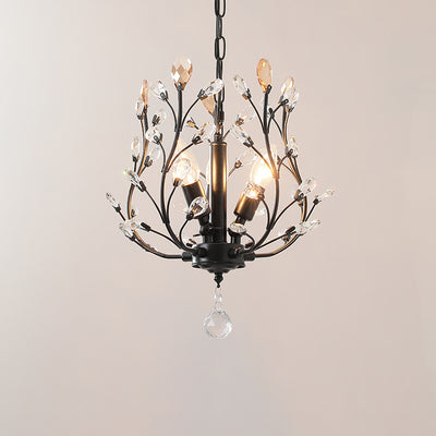 Traditional Vintage Twig Shape Iron Crystal 3-Light Chandelier For Living Room