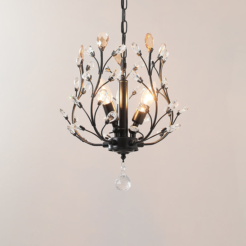 Traditional Vintage Twig Shape Iron Crystal 3-Light Chandelier For Living Room