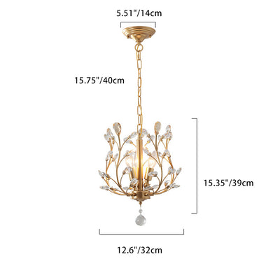 Traditional Vintage Twig Shape Iron Crystal 3-Light Chandelier For Living Room