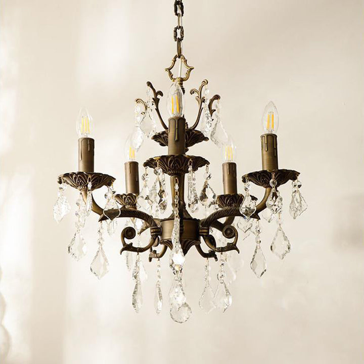 Traditional Vintage Twig Candle Shape Copper Crystal 5/6/8 Light Chandelier For Bedroom