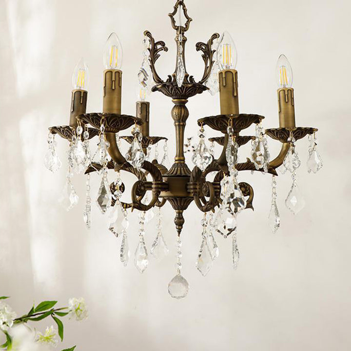 Traditional Vintage Twig Candle Shape Copper Crystal 5/6/8 Light Chandelier For Bedroom