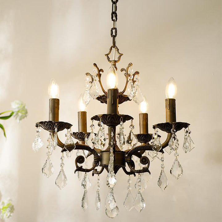 Traditional Vintage Twig Candle Shape Copper Crystal 5/6/8 Light Chandelier For Bedroom