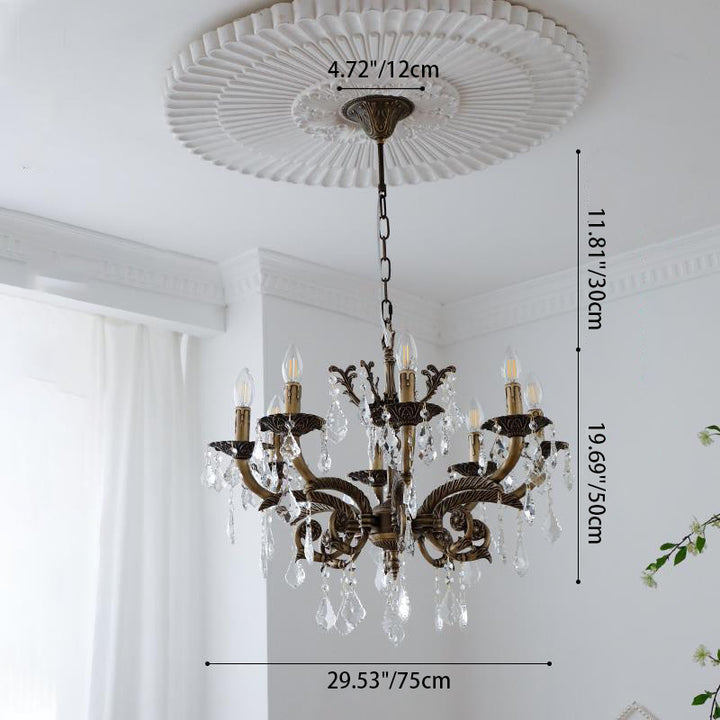 Traditional Vintage Twig Candle Shape Copper Crystal 5/6/8 Light Chandelier For Bedroom