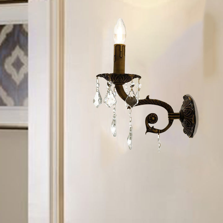 Applique murale traditionnelle vintage en forme de bougie en cuivre cristal à 1 lumière pour chambre 