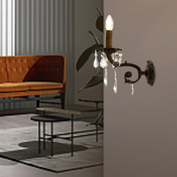 Applique murale traditionnelle vintage en forme de bougie en cuivre cristal à 1 lumière pour chambre 