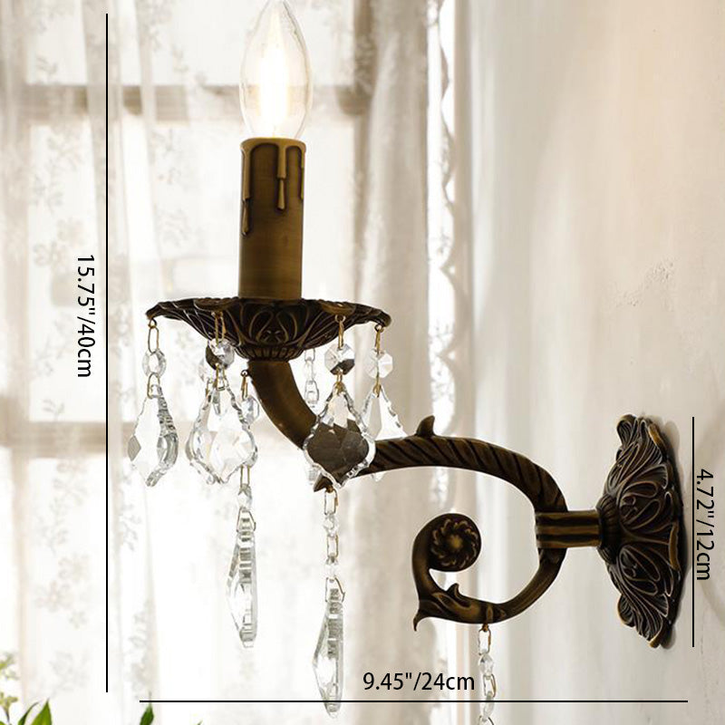 Applique murale traditionnelle vintage en forme de bougie en cuivre cristal à 1 lumière pour chambre 