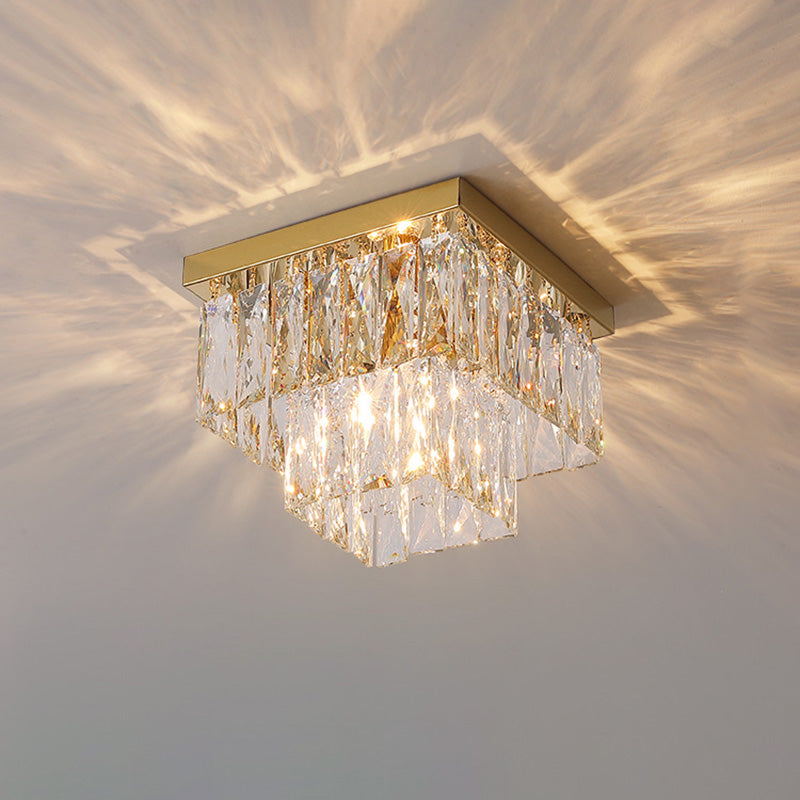 Lustre encastré moderne rond carré en acier inoxydable avec cristal 2/4 lumières pour chambre à coucher 