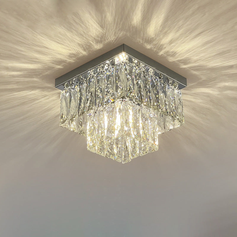 Lustre encastré moderne rond carré en acier inoxydable avec cristal 2/4 lumières pour chambre à coucher 